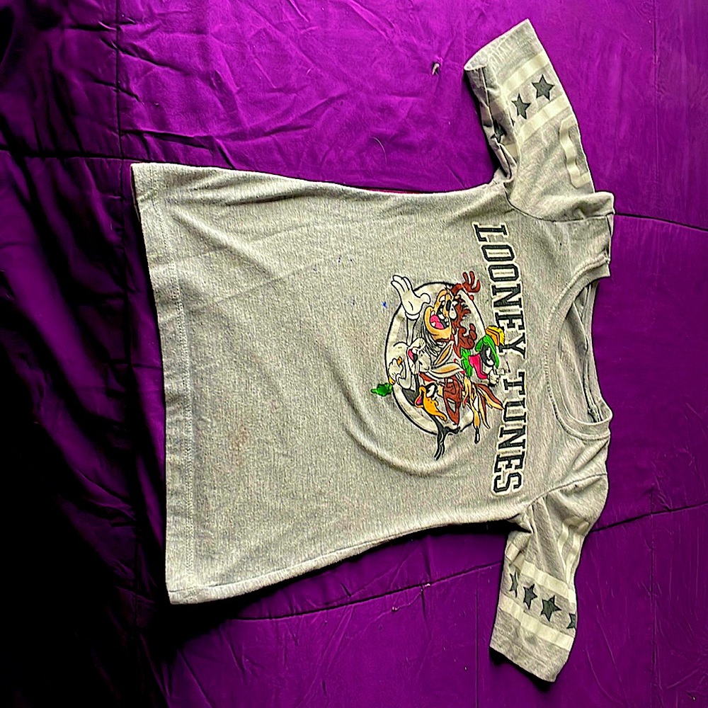 I’m selling a xs looney tones tees shirt it has white black and gray colors